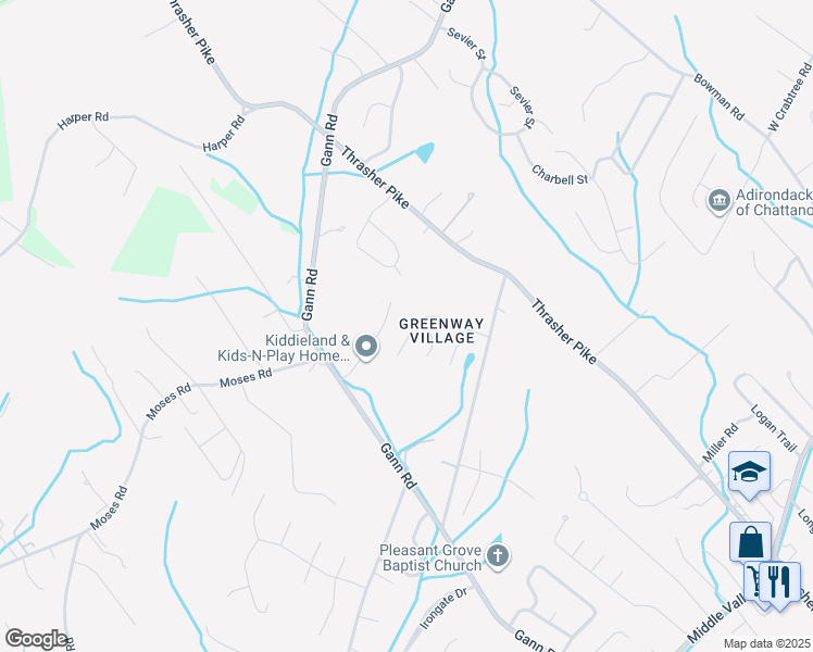 map of restaurants, bars, coffee shops, grocery stores, and more near 7735 Village Way Drive in Middle Valley