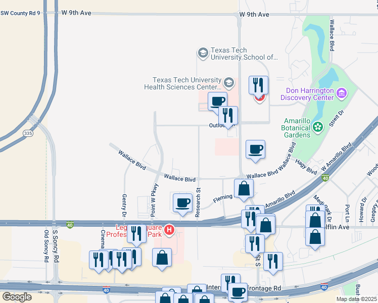 map of restaurants, bars, coffee shops, grocery stores, and more near 1610 Research Street in Amarillo