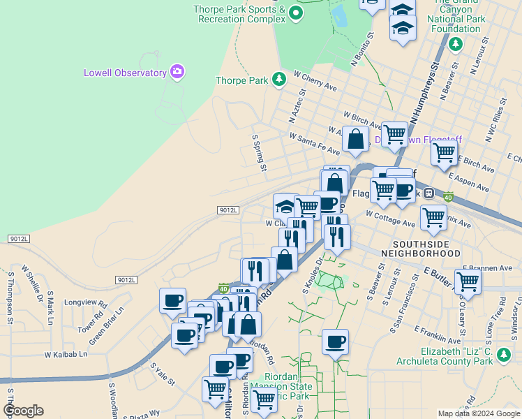map of restaurants, bars, coffee shops, grocery stores, and more near 808 West Clay Avenue in Flagstaff