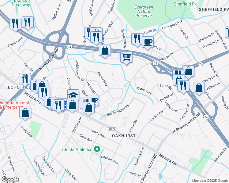 map of restaurants, bars, coffee shops, grocery stores, and more near in Charlotte