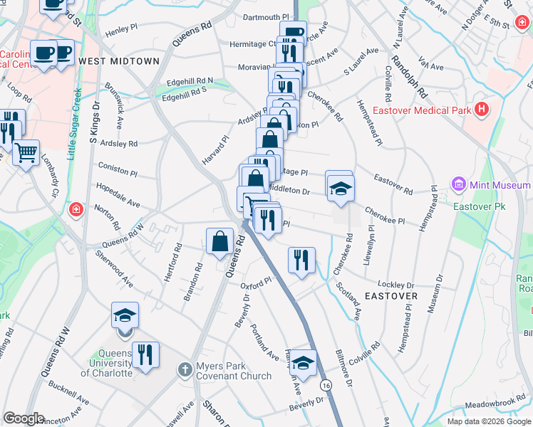 map of restaurants, bars, coffee shops, grocery stores, and more near in Charlotte