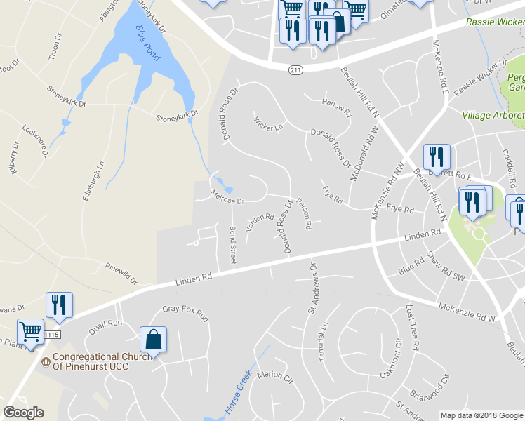 map of restaurants, bars, coffee shops, grocery stores, and more near 5 Vardon Road in Pinehurst
