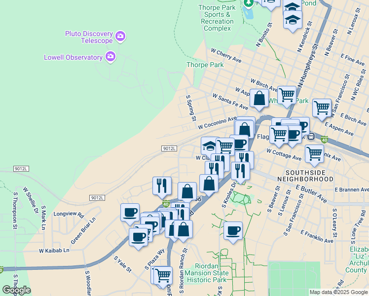 map of restaurants, bars, coffee shops, grocery stores, and more near 808 West Clay Avenue in Flagstaff