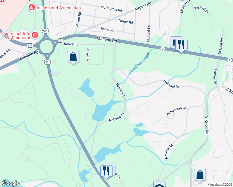 map of restaurants, bars, coffee shops, grocery stores, and more near 2 Scotscraig Court in Pinehurst