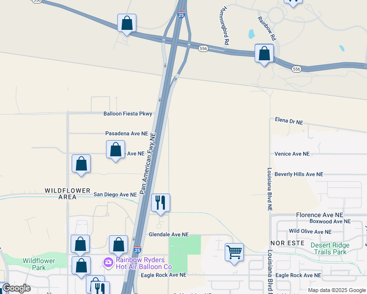 map of restaurants, bars, coffee shops, grocery stores, and more near 9200 Louisiana Boulevard Northeast in Albuquerque