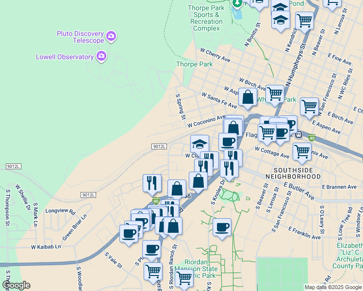 map of restaurants, bars, coffee shops, grocery stores, and more near 215 Globe Street in Flagstaff