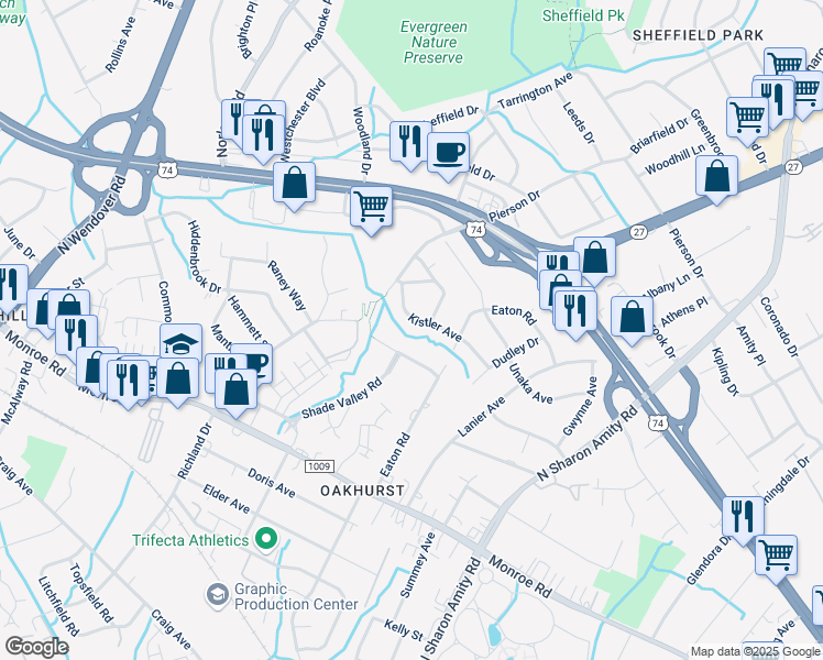 map of restaurants, bars, coffee shops, grocery stores, and more near 5039 Erickson Road in Charlotte