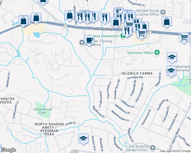 map of restaurants, bars, coffee shops, grocery stores, and more near 6740 Marlbrook Drive in Charlotte