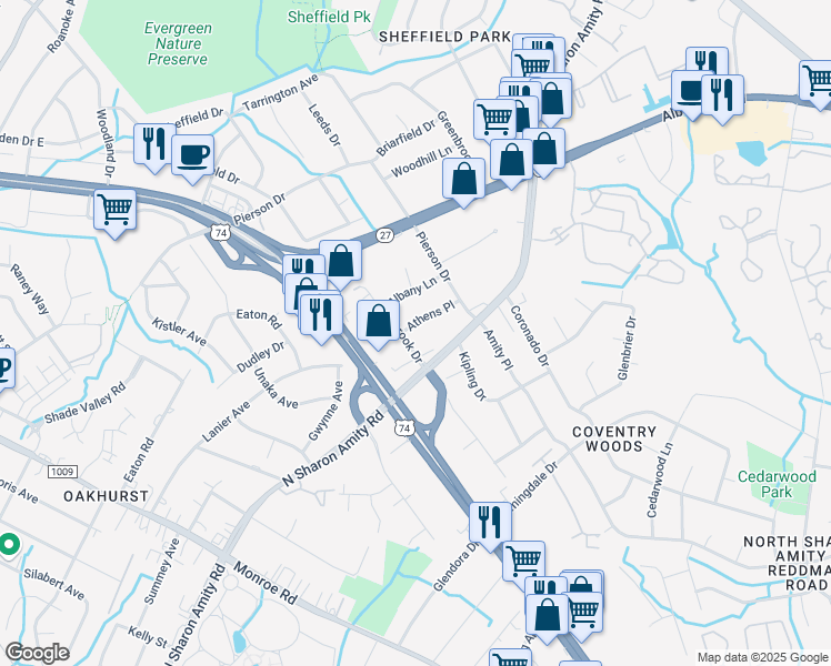 map of restaurants, bars, coffee shops, grocery stores, and more near 2715 Old North Sharon Amity Road in Charlotte