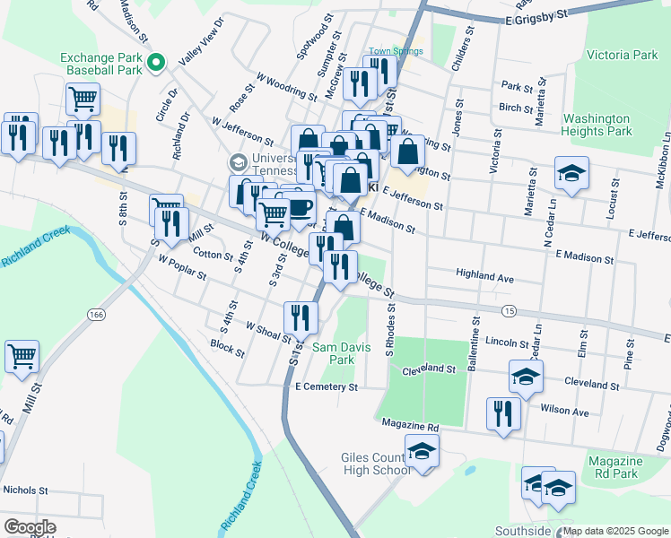 map of restaurants, bars, coffee shops, grocery stores, and more near 311 South 1st Street in Pulaski