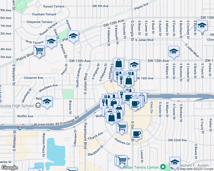 map of restaurants, bars, coffee shops, grocery stores, and more near in Amarillo