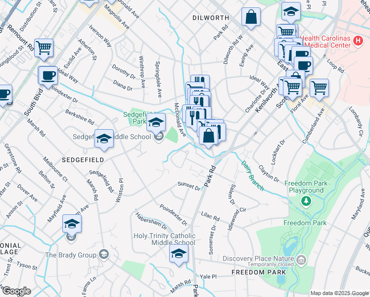 map of restaurants, bars, coffee shops, grocery stores, and more near 2620 Park Road in Charlotte