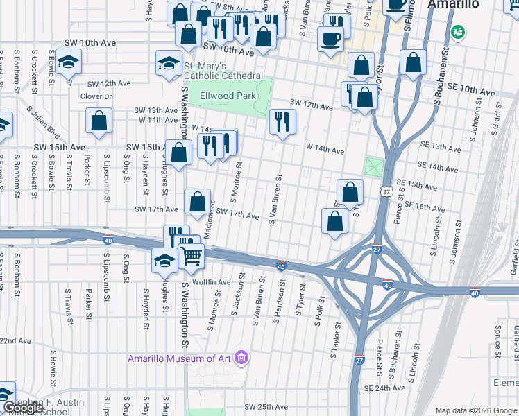 map of restaurants, bars, coffee shops, grocery stores, and more near 1701 South Jackson Street in Amarillo