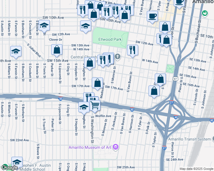 map of restaurants, bars, coffee shops, grocery stores, and more near 1705 South Madison Street in Amarillo