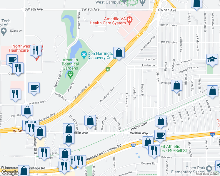 map of restaurants, bars, coffee shops, grocery stores, and more near 6501 Woodward Street in Amarillo