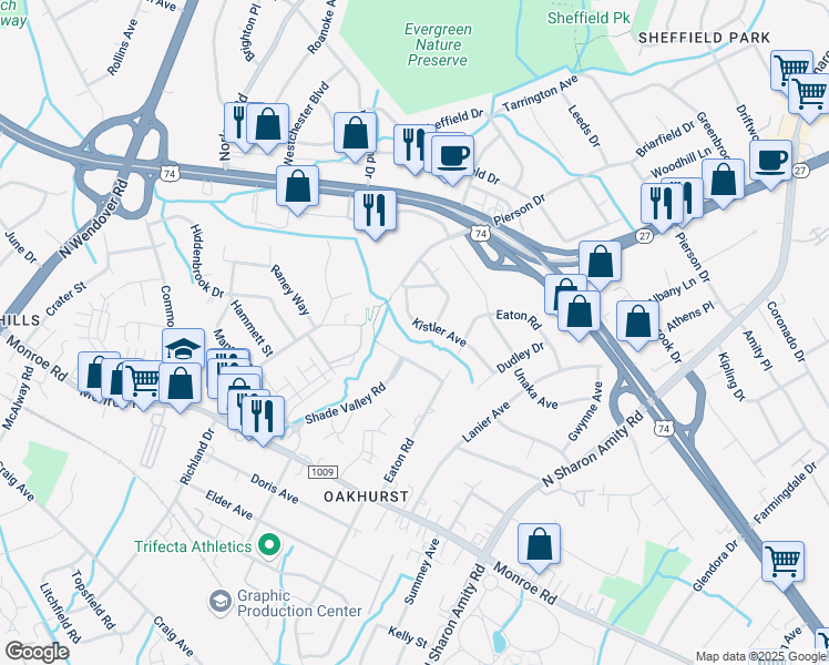 map of restaurants, bars, coffee shops, grocery stores, and more near 5039 Erickson Road in Charlotte