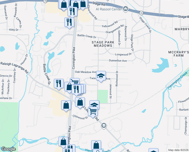 map of restaurants, bars, coffee shops, grocery stores, and more near 5139 Twin Woods Avenue in Memphis