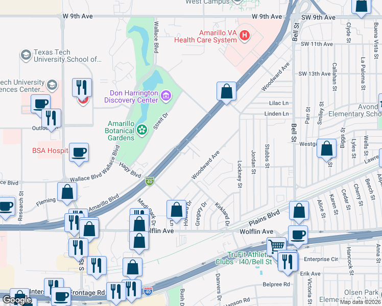 map of restaurants, bars, coffee shops, grocery stores, and more near 1801 Steeplechase Drive in Amarillo