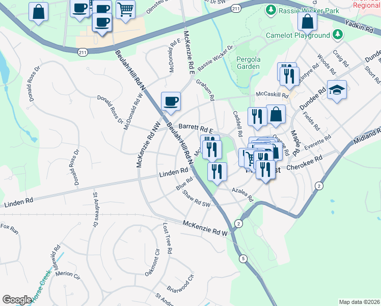 map of restaurants, bars, coffee shops, grocery stores, and more near 15 McLean Road in Pinehurst