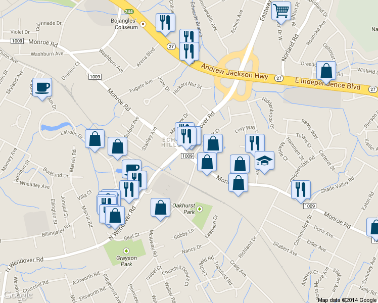 map of restaurants, bars, coffee shops, grocery stores, and more near 4111 Monroe Rd in Charlotte