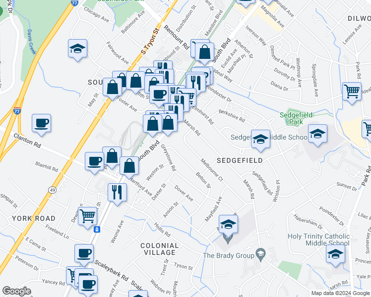 map of restaurants, bars, coffee shops, grocery stores, and more near in Charlotte