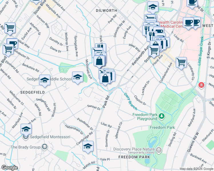 map of restaurants, bars, coffee shops, grocery stores, and more near Park Rd & McDonald Ave in Charlotte