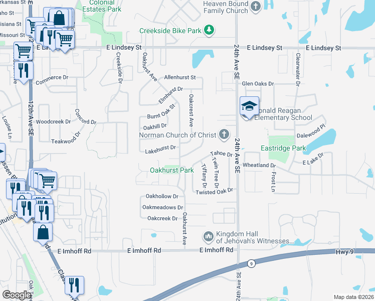 map of restaurants, bars, coffee shops, grocery stores, and more near 1800 Terryton Drive in Norman