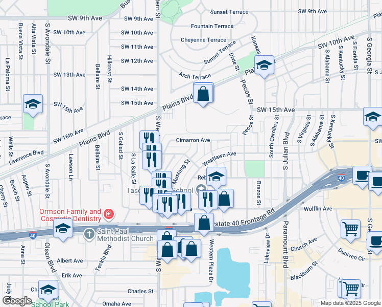 map of restaurants, bars, coffee shops, grocery stores, and more near 1612 Mustang Street in Amarillo