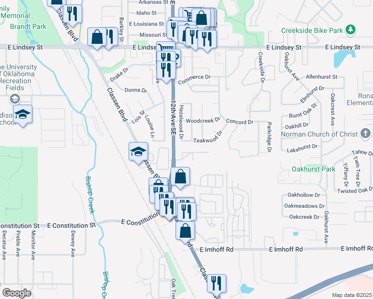 map of restaurants, bars, coffee shops, grocery stores, and more near 1221 Cedar Creek Drive in Norman