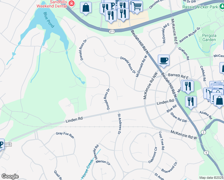 map of restaurants, bars, coffee shops, grocery stores, and more near 180 Donald Ross Drive in Pinehurst