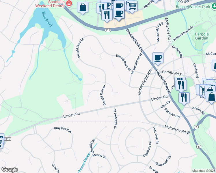 map of restaurants, bars, coffee shops, grocery stores, and more near 180 Donald Ross Drive in Pinehurst