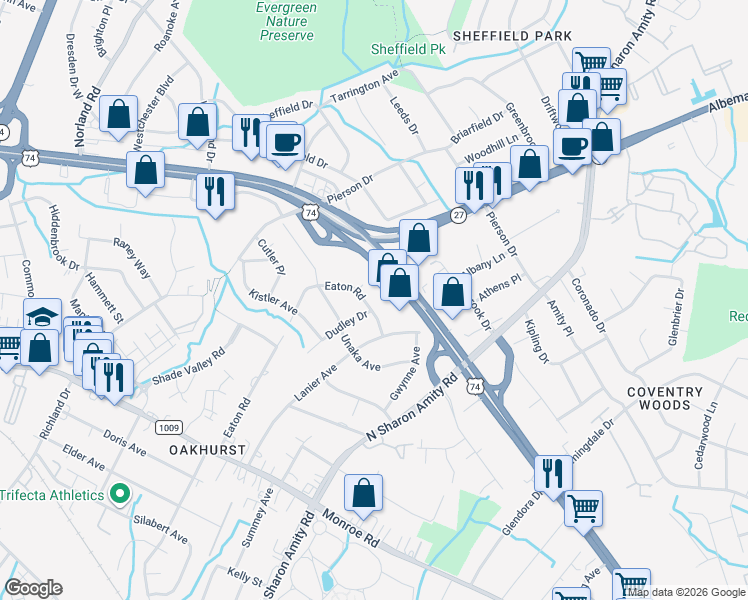 map of restaurants, bars, coffee shops, grocery stores, and more near 1018 Dudley Drive in Charlotte