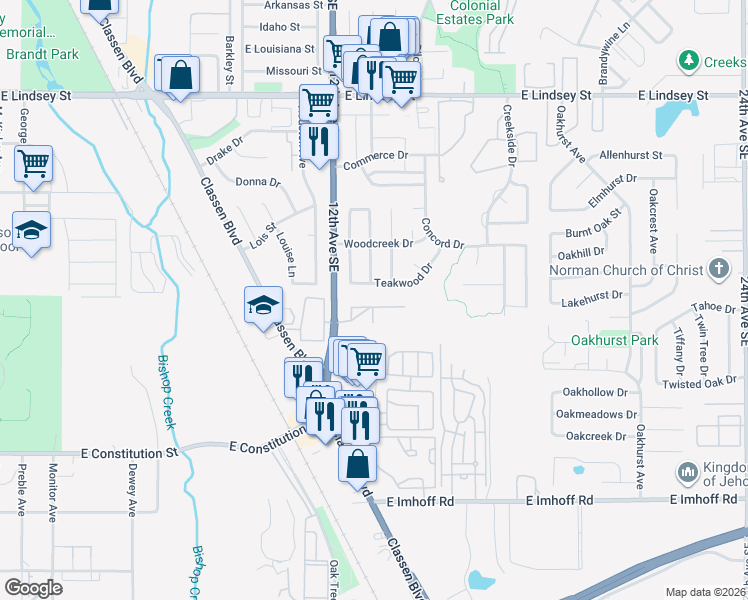 map of restaurants, bars, coffee shops, grocery stores, and more near 1824 Cedar Creek Court in Norman