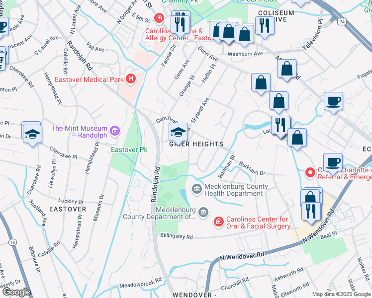 map of restaurants, bars, coffee shops, grocery stores, and more near 3115 Leroy Street in Charlotte