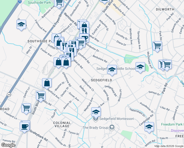 map of restaurants, bars, coffee shops, grocery stores, and more near 426 Marsh Road in Charlotte