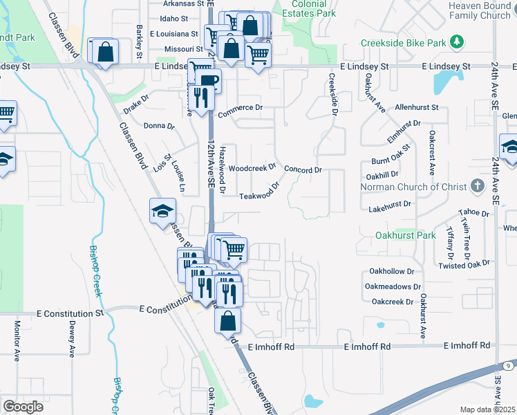 map of restaurants, bars, coffee shops, grocery stores, and more near 1337 Cedar Creek Drive in Norman