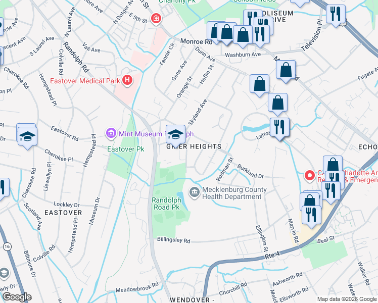 map of restaurants, bars, coffee shops, grocery stores, and more near 3110 Grierton Court in Charlotte
