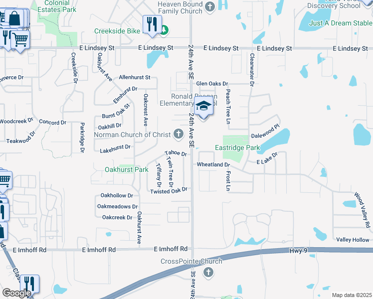 map of restaurants, bars, coffee shops, grocery stores, and more near 2339 Tahoe Drive in Norman