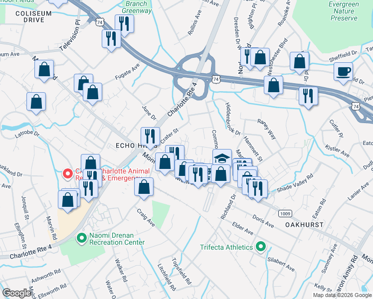 map of restaurants, bars, coffee shops, grocery stores, and more near in Charlotte