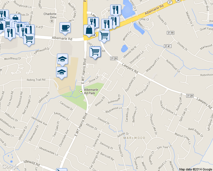 map of restaurants, bars, coffee shops, grocery stores, and more near 7025 Sycamore Grove Court in Charlotte