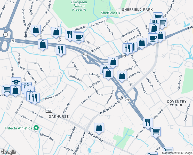 map of restaurants, bars, coffee shops, grocery stores, and more near 1018 Dudley Drive in Charlotte