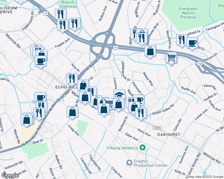 map of restaurants, bars, coffee shops, grocery stores, and more near 4402 Commonwealth Avenue in Charlotte