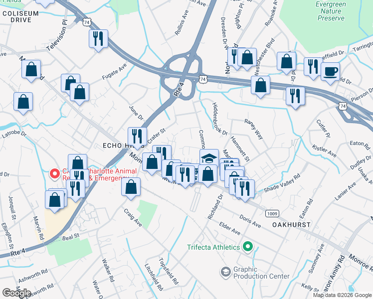 map of restaurants, bars, coffee shops, grocery stores, and more near in Charlotte