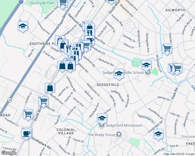 map of restaurants, bars, coffee shops, grocery stores, and more near 426 Marsh Road in Charlotte