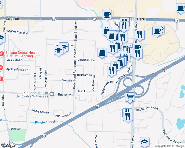map of restaurants, bars, coffee shops, grocery stores, and more near 7900 Redfearn Lane in Memphis