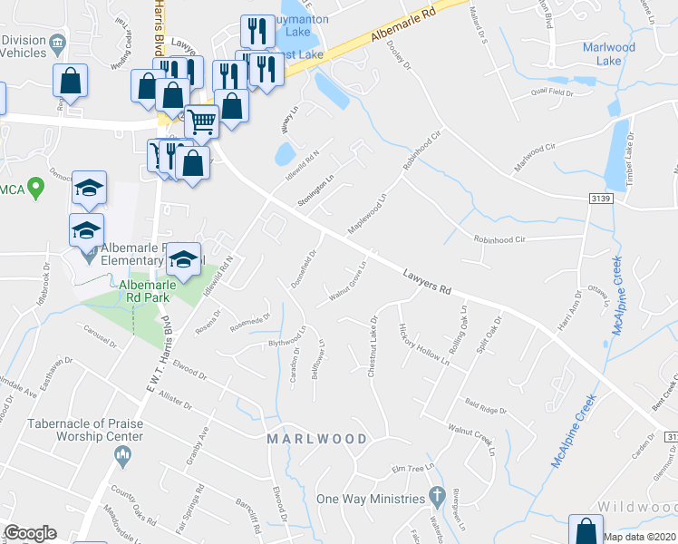 map of restaurants, bars, coffee shops, grocery stores, and more near 7502 Bearsfoot Lane in Charlotte