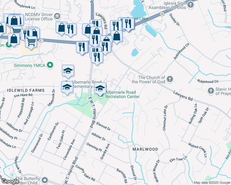 map of restaurants, bars, coffee shops, grocery stores, and more near 7025 Sycamore Grove Court in Charlotte