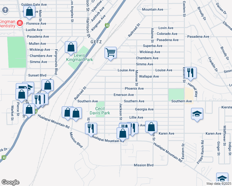 map of restaurants, bars, coffee shops, grocery stores, and more near 2435 Emerson Avenue in Kingman