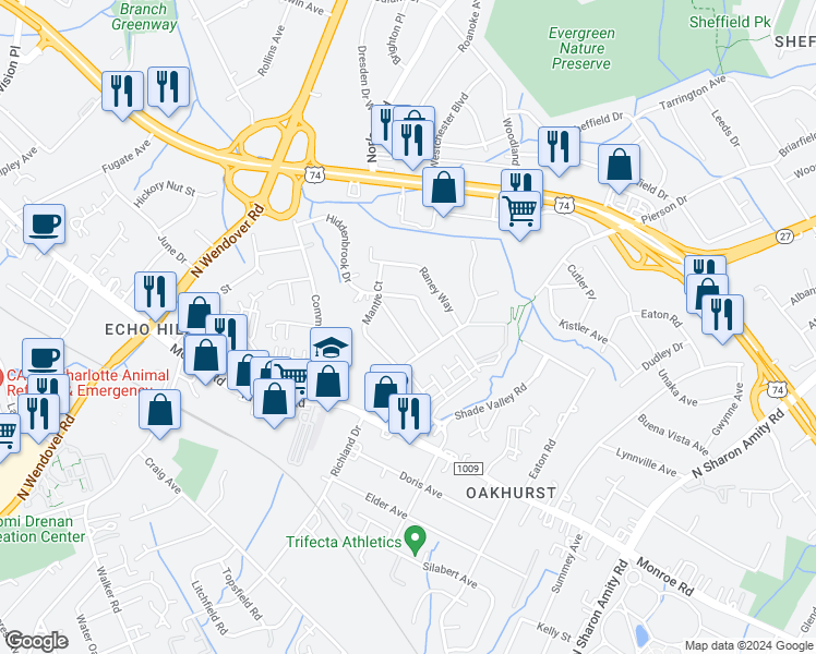 map of restaurants, bars, coffee shops, grocery stores, and more near 4303 Hammett Street in Charlotte