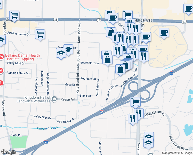map of restaurants, bars, coffee shops, grocery stores, and more near 7900 Redfearn Lane in Memphis